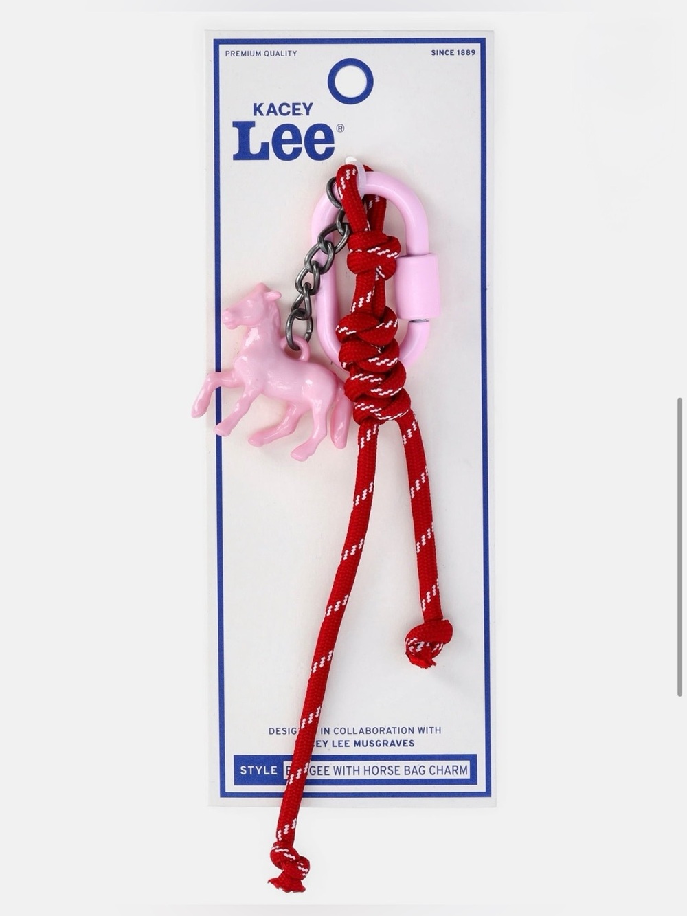 Lee Pink Horse Charm Keychain with Red Rope Accent